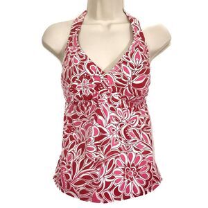 Lands End Floral V-Neck Halter Top Red Pink Print Sz 4